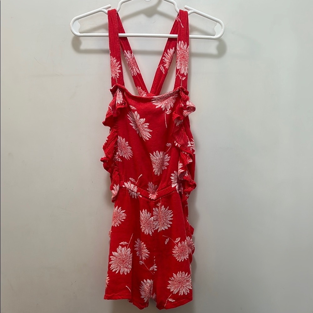 Billabong Red and White Floral Romper With Pockets Size 5/6